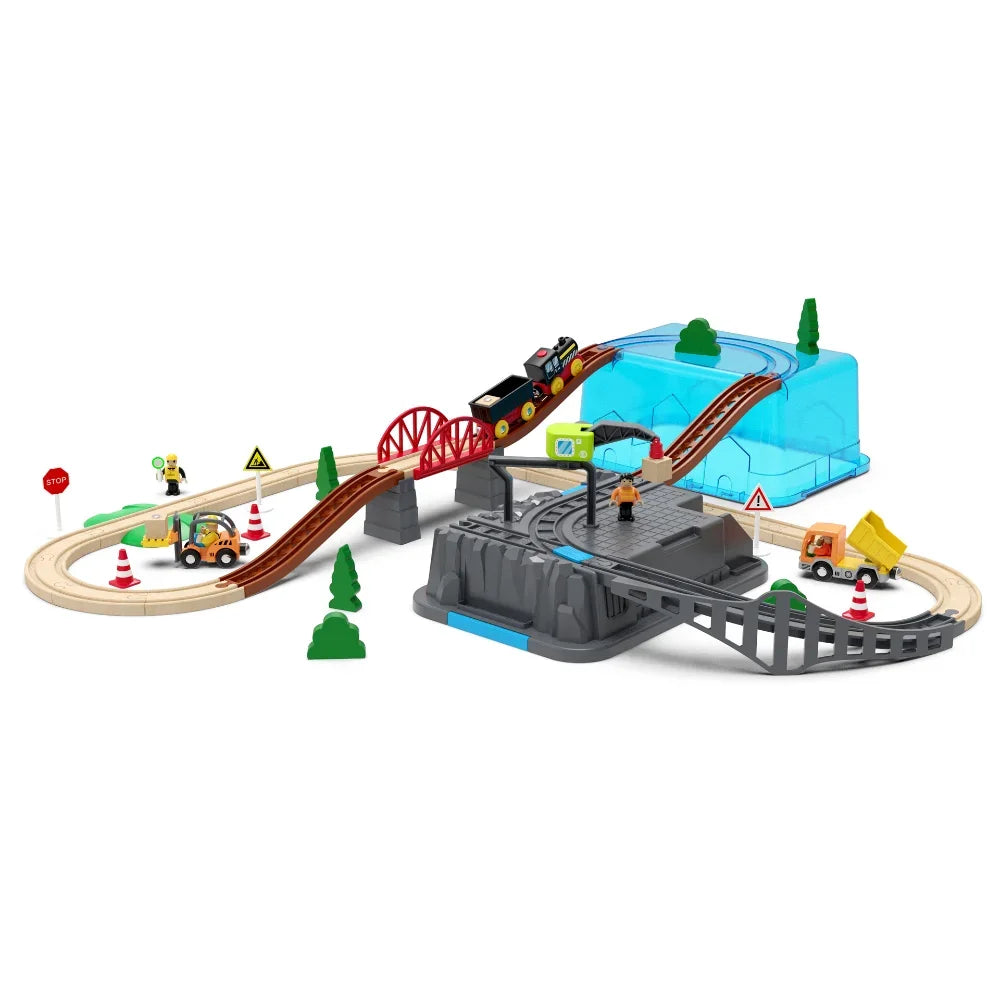 EZ Wooden Railway Track Set Electric Train Magnetic Model Car Diecast Slot Fit All Brand Biro Wood Track Assemble Toy Boy Gift