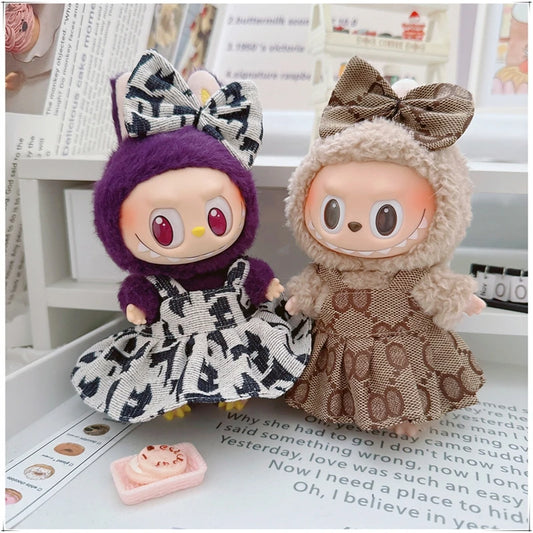 EZ For 17cm Labubu Mini Doll Clothes Outfit Four-leaf Flowers Hat Overalls Clothes Loafer Shoes Doll Accessories Sitting Party