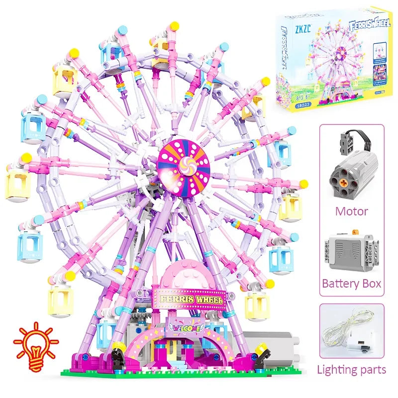 EZ ZKZC City Friends MOC Rotating Ferris Wheel Building Blocks Electric Bricks with Light Toys for Children Christmas Gifts