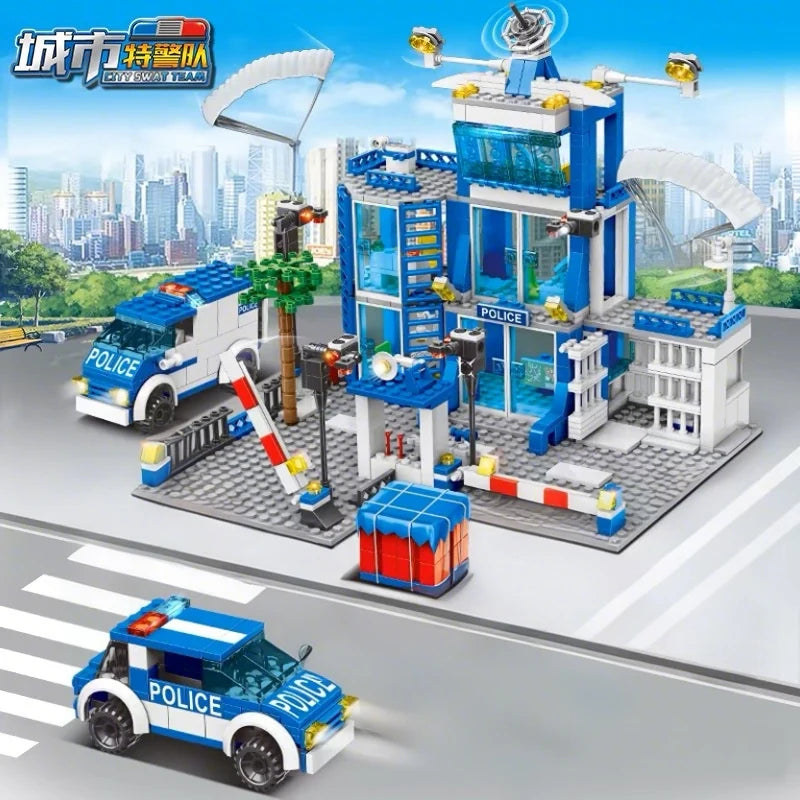 EZ City police station building block group boy DIY car brick police station model building children's educational toy gift