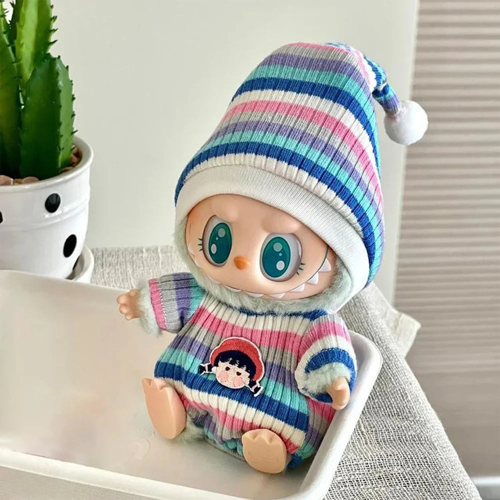 EZ 17cm Mini Doll'S Clothes Outfit Accessories for Labubu Sitting Party V1 V2 Autumn Onesie Hat Set Accessories
