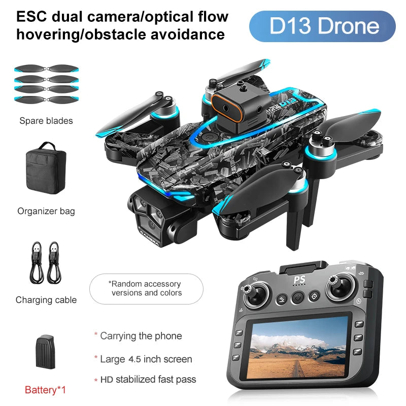EZ New D13 Drone 4K Professional Three HD Camera with Large Screen 5G WIFI FPV Dron Brushless Optical Flow Hover Folding Quadcopter
