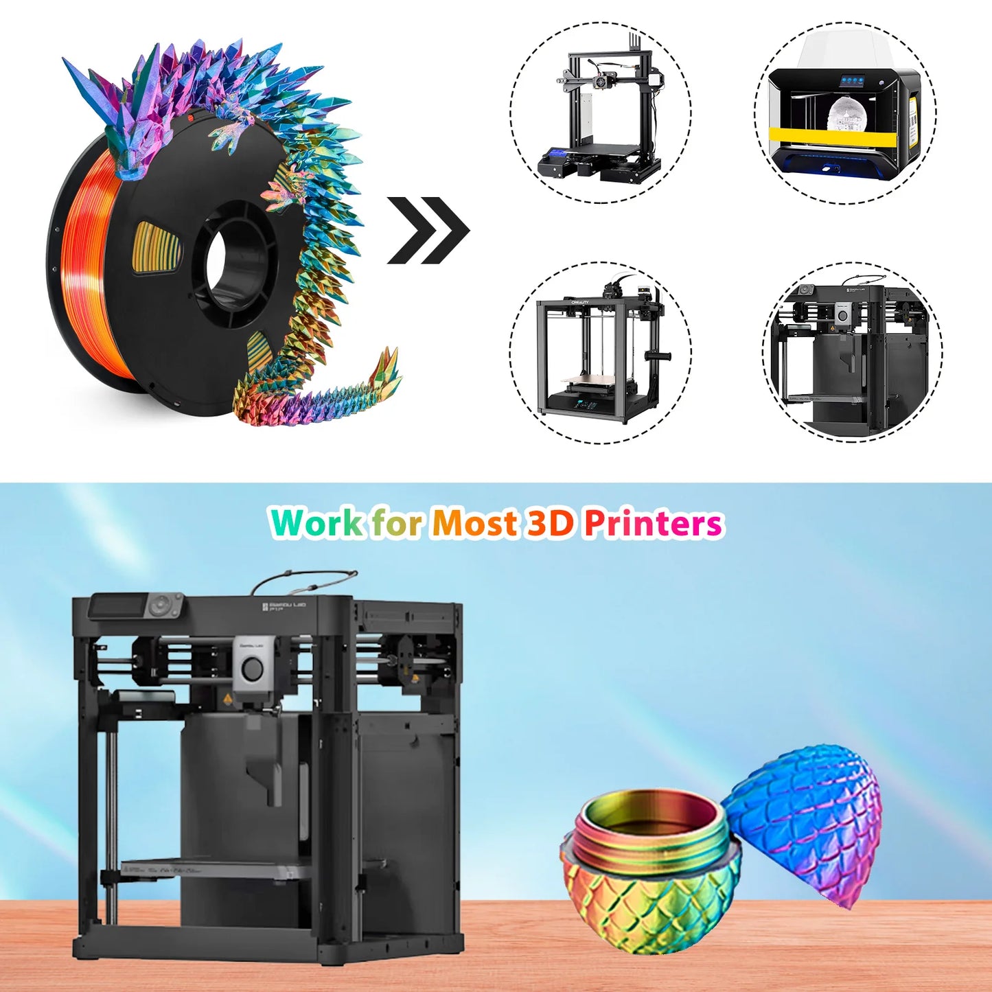 EZ Tricolor Silk PLA 3D Printer Filament, 1.75mm Multicolor 3D Printing Filament, 1kg (2.2lbs) Fit Most FDM 3D Printer