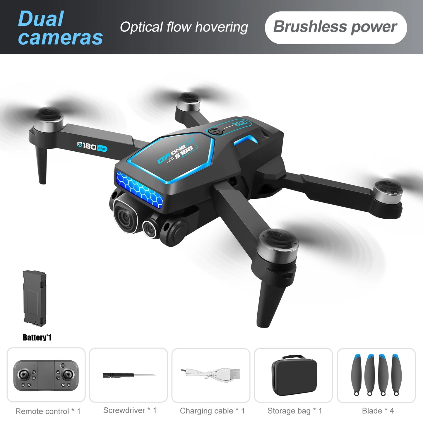 EZ S180 4K RC Drone Remote Control ESC Optical Flow Avoidance Horizontal Overhead Shot 90 Degree Angle Indoor Cool Lights Dron Toys