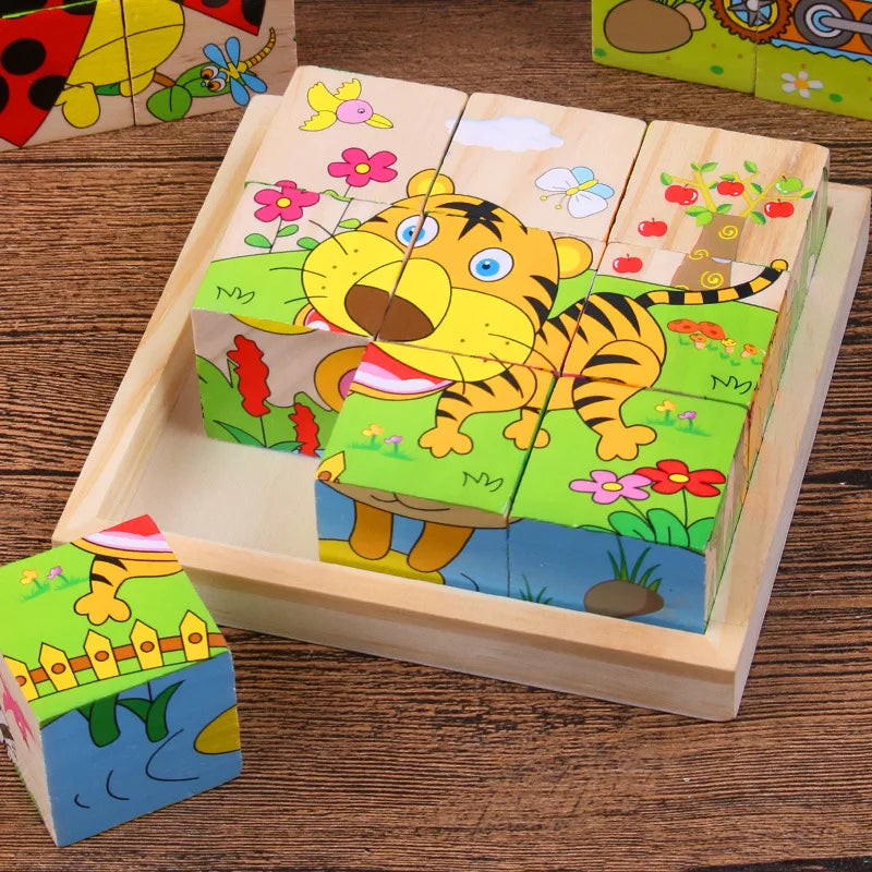 EZ Baby Wooden Blocks Toys Children Six Side Cube Jigsaw Puzzles Game Animal Fruit Traffic Cognize Early Learning Educational Toys