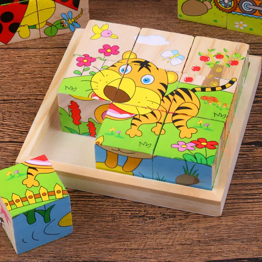 EZ Baby Wooden Blocks Toys Children Six Side Cube Jigsaw Puzzles Game Animal Fruit Traffic Cognize Early Learning Educational Toys