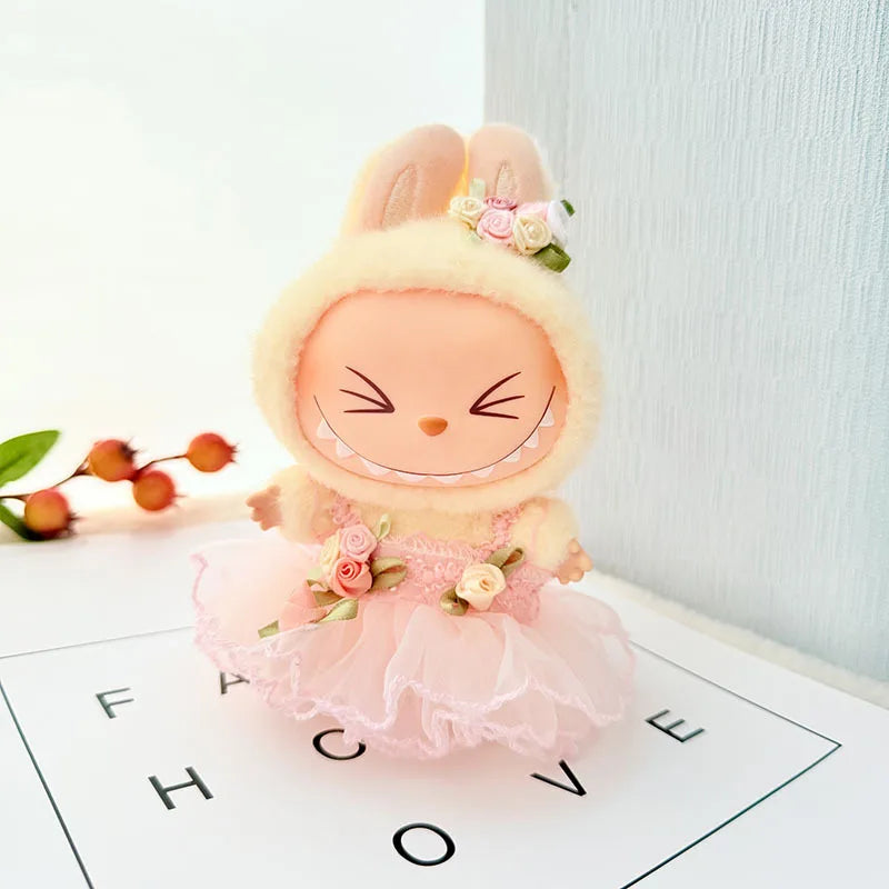 EZ 15/17cm Vinyl Plush Doll Clothes Labubu Pendant Lucky Purple Bow Dress Labubu V1/V2/V3 Clothes Accessories