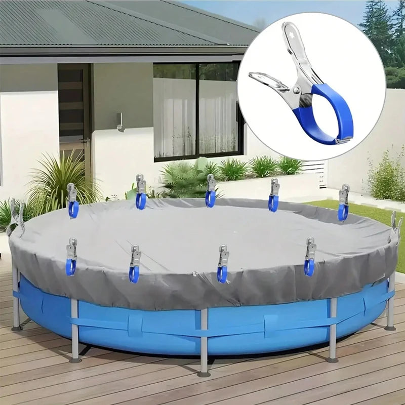 EZ 6 Pieces Durable Stainless Steel Pool Cover Clips with Blue Plastic Handles - Heavy Duty Windproof Spring Clips for Secure Above