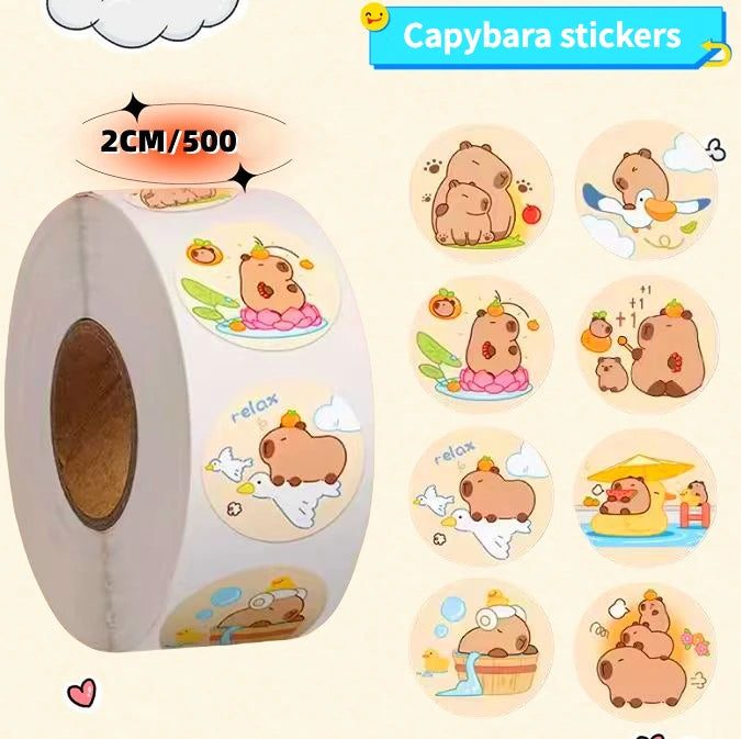 EZ 500 Pcs Capybara Stickers Roll - Waterproof PVC Animal & Food Decals for Laptop, Water Bottle, Phone