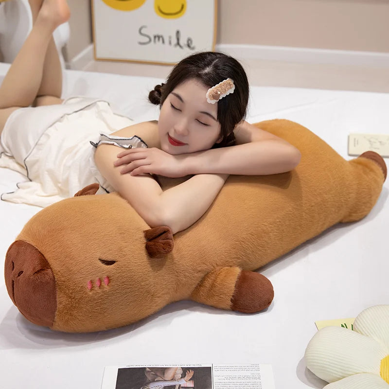 EZ 60cm-100cm Kawaii Cartoon Giant Strip Capybara Plush Doll Pillow Lying Brown Orange Wings Creative Capybara Plush Toy Home Decor