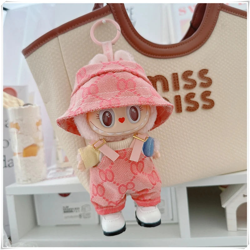 EZ For 17cm Labubu Mini Doll Clothes Outfit Four-leaf Flowers Hat Overalls Clothes Loafer Shoes Doll Accessories Sitting Party