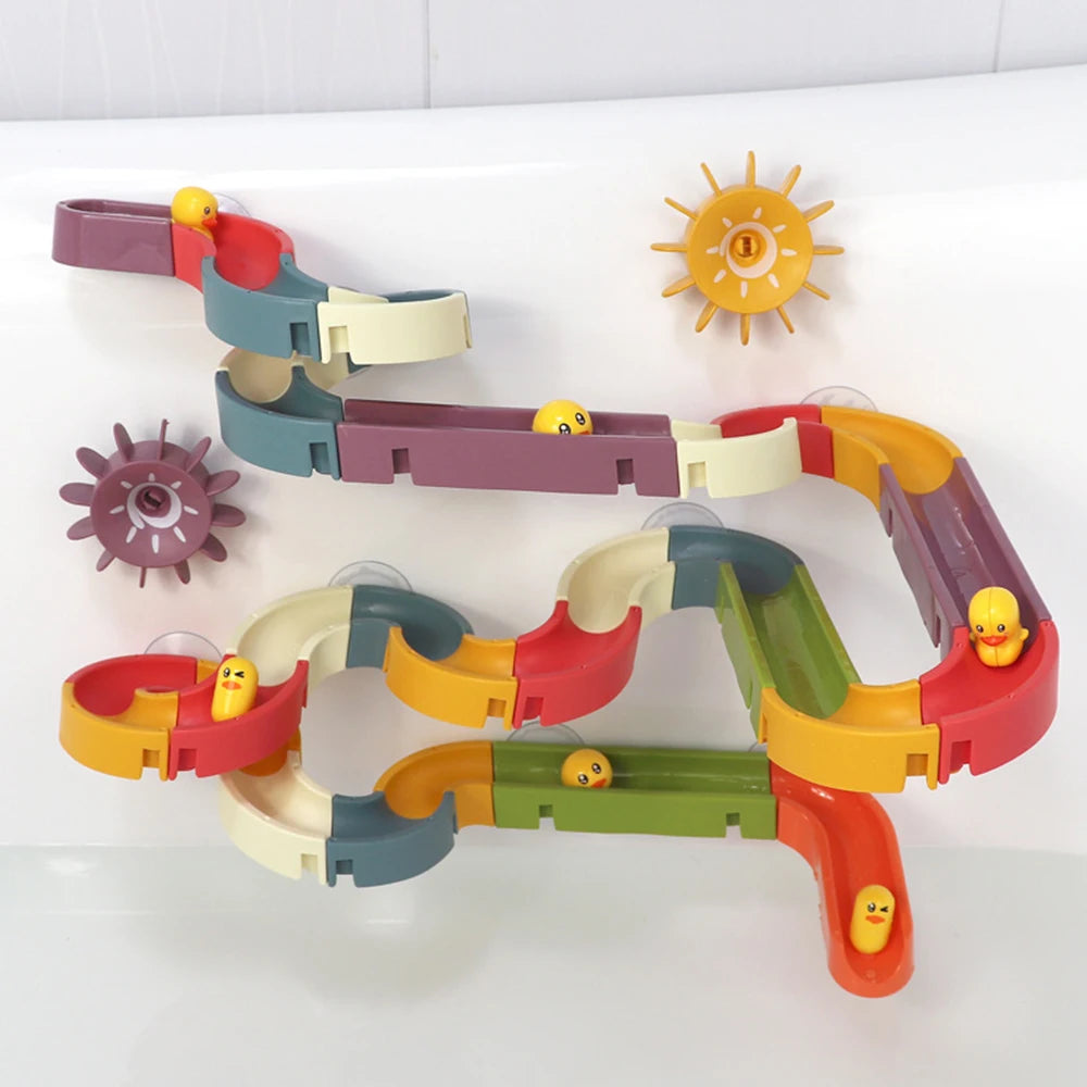 EZ Baby Bath Toys Wall Bathtub Toy Assembling Slide Wind-Up Duck Slide Bathroom Shower Tracks Water Toys for Toddlers Kids Gifts