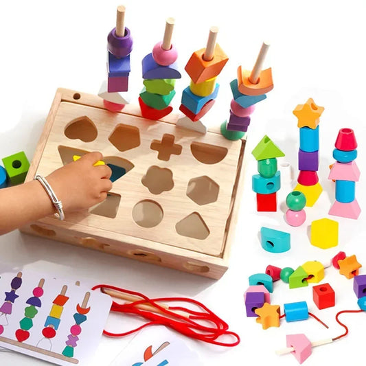 EZ 5 in1 Montessori Wooden Toys Color Shape Cognition Blocks Matching Sorting Game Beaded Early Educational Toys Gift for Children