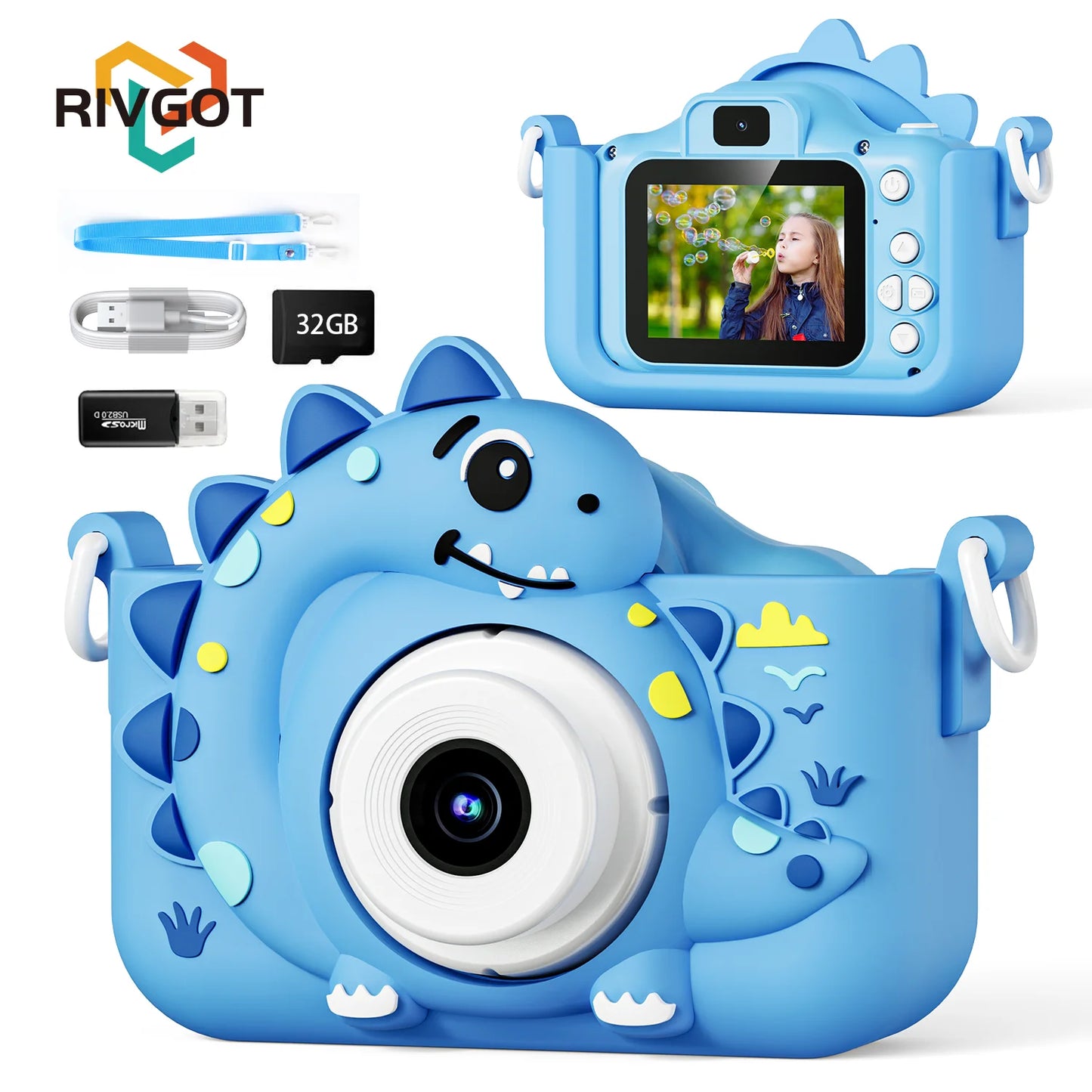 EZ Kids Digital Camera with 32G Card Toy Girl Boy 1080p Hd Screen Outdoor Cartoon Dinosaur Camera Photography Video Birthday Gifts