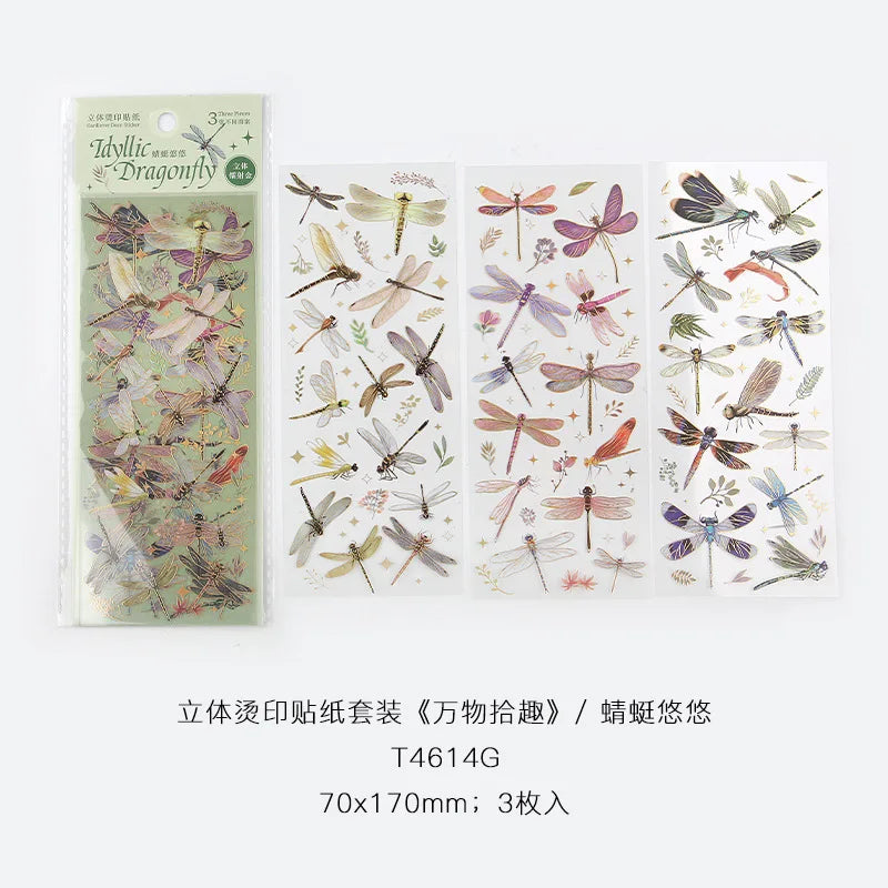 EZ 3pcs Kawaii Feather Dragonfly Bird Jellyfish Decorative Stickers Pack Scrapbooking Material Label Diary Phone Journal Planner