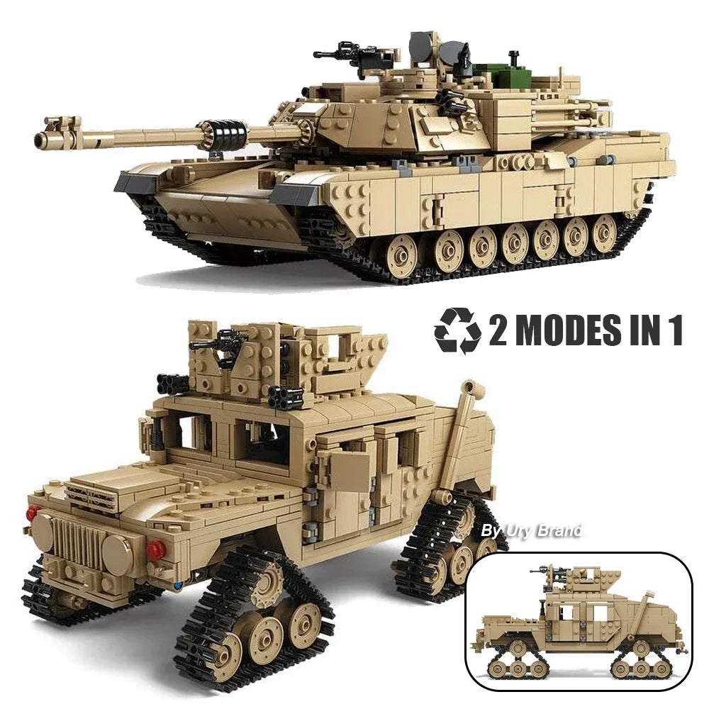 EZ 2in1 WW2 Military M1A2 Abrams MBT Tank Model Army Cannon Chariot Set Soldier Figures DIY Building Blocks Toys for Boys Kids Gift