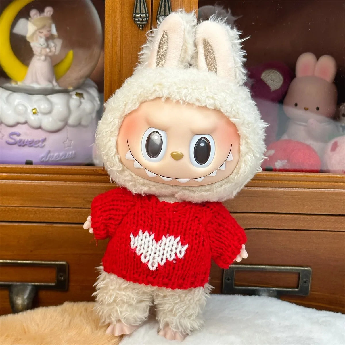 EZ Doll Clothes Ropa Labubu For 17cm Labubu V2 V1 Labubu Winter Sweater Strawberry Love Pattern Kid Toy Gift
