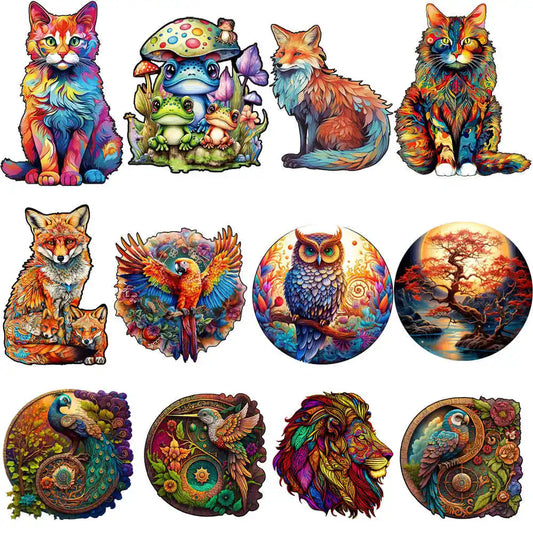 EZ Adult Animal Wooden Puzzle Round Peacock and Bird Wooden Puzzle Children's Puzzle Toy Festival Gift Fox Shape Jigsaw Puzzles