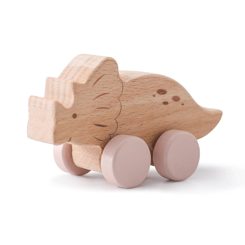EZ Wooden Baby Car Toys Beech Wooden Dinosaur Cartoon Car Teether Educational Montessori Toys For Children Teething Baby Toys