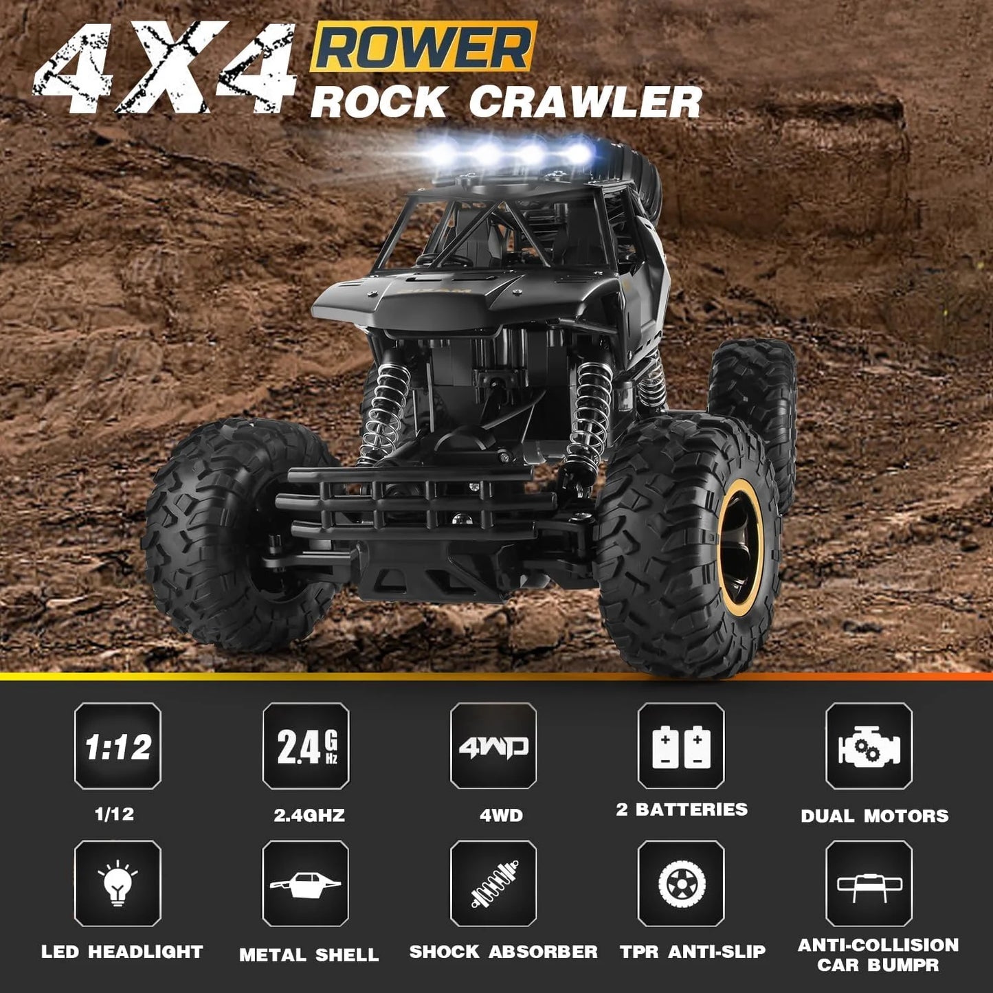EZ 1:12/16 RC Car Remote Control Car Off Road Truck Metal Shell LED Headlights Offroad Monster 4WD All Terrain RC Truck Toy for Kid