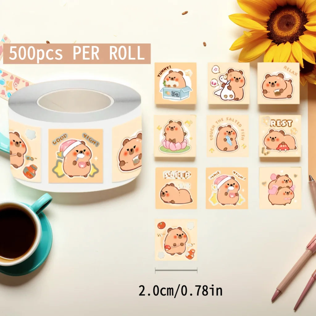 EZ 500 Pcs Capybara Stickers Roll - Waterproof PVC Animal & Food Decals for Laptop, Water Bottle, Phone