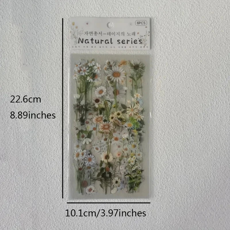 EZ JIANQI 6pcs/pack Transparent PET Stickers Scrapbooking Materials DIY Junk Journal Collage Floral Leaves Plants Decor Stickers