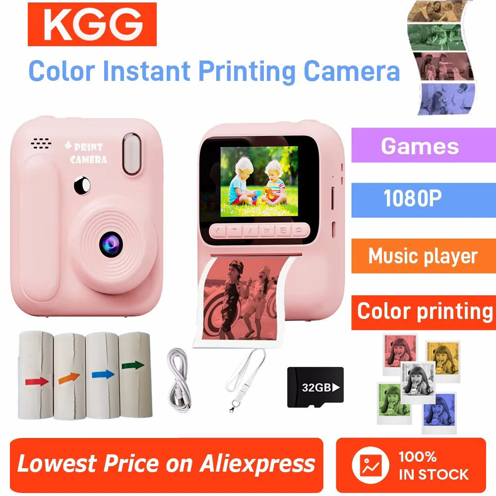EZ Kids Instant Camera Color Printing Camera 32GB 1080P Thermal Print Toys Camera Print Photo Video Games Music Children Gift