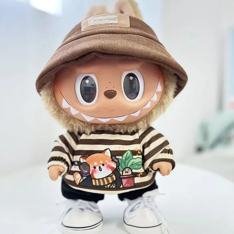 EZ For 38Cm Labubu outfit vinyl plush doll clothes for Korea Kpop Exo Labubu doll clothes striped animal shirt set