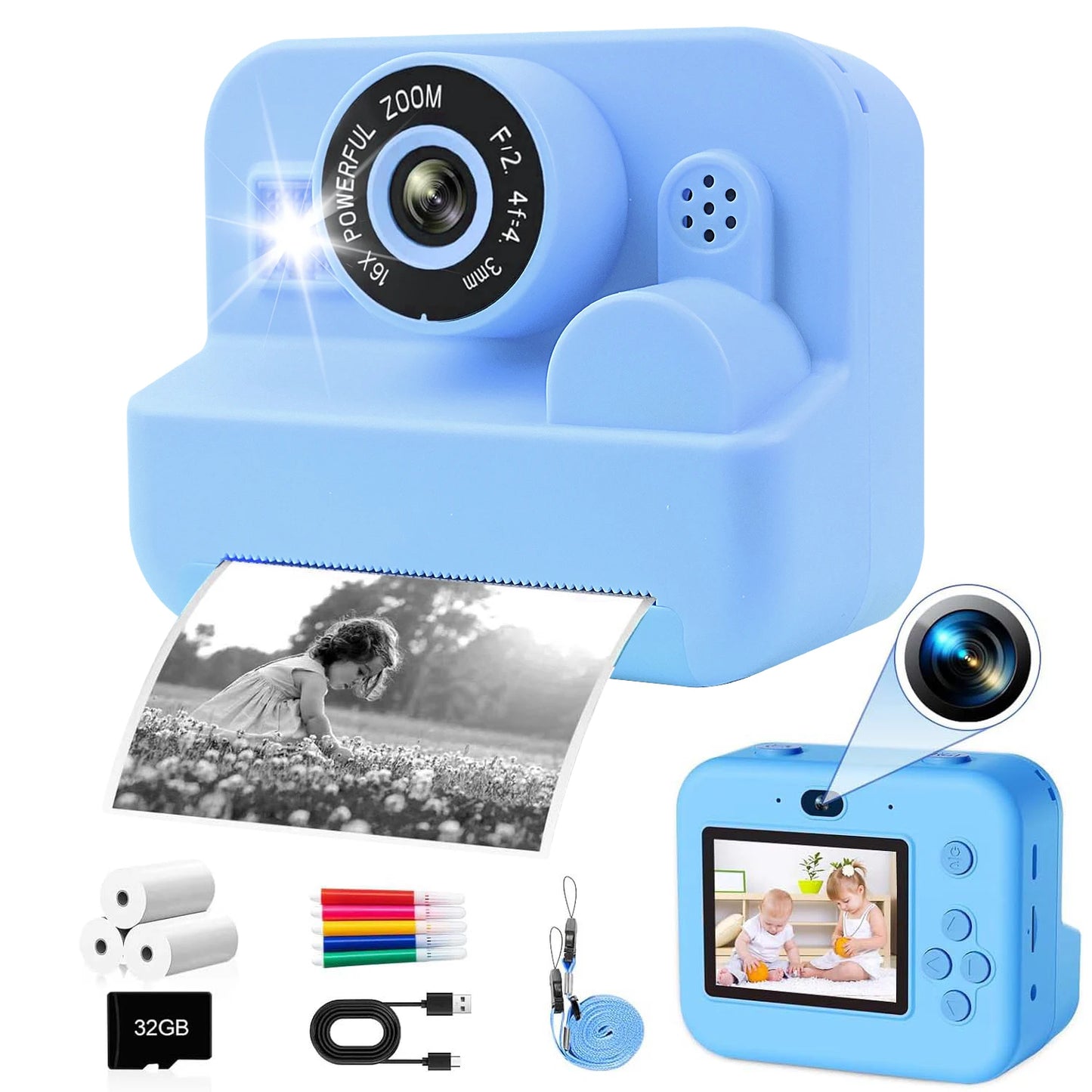 EZ Kids Camera Instant Print Toddler Cameras Thermal Printing Camera Birthday Gifts Toys For Boy Girl Age 3-12 With MP3 Video Game