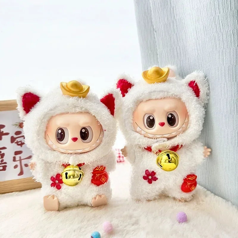 EZ 17 Cm Labubu Clothes Pendant Labubu Sitting Baby Clothes Lucky Cat  Set  Dolls Accessories Labubu Outfit
