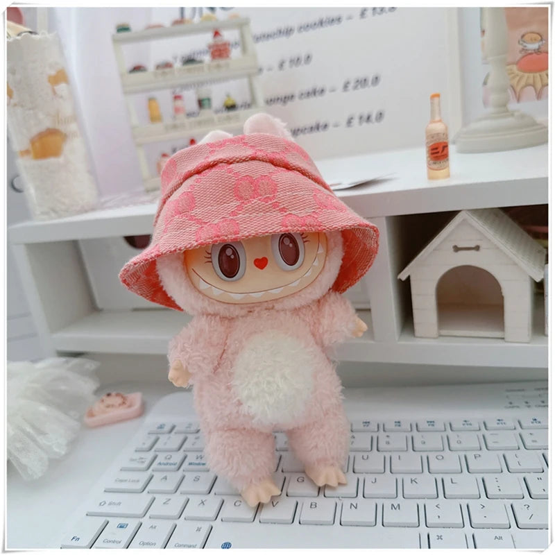 EZ For 17cm Labubu Mini Doll Clothes Outfit Four-leaf Flowers Hat Overalls Clothes Loafer Shoes Doll Accessories Sitting Party