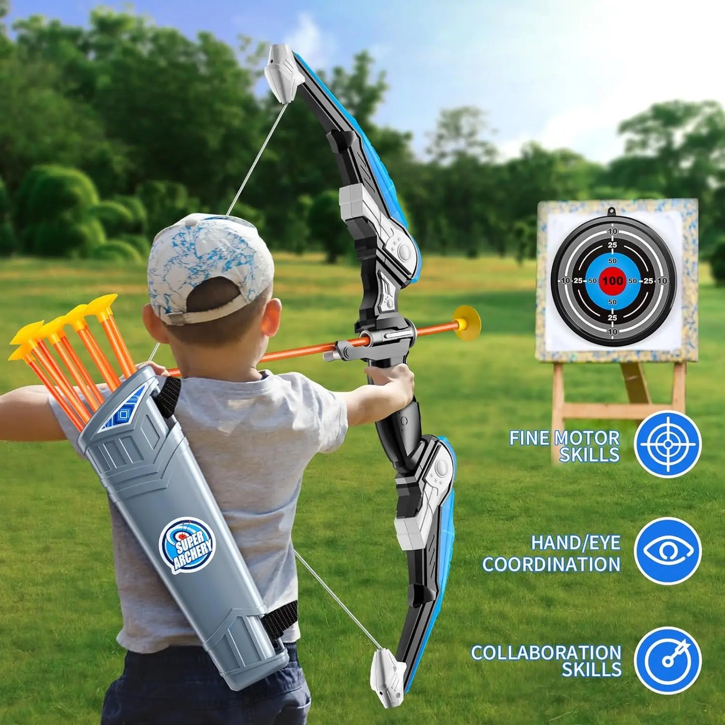 EZ Kids Bow and Arrow Set, LED Light Up Archery Toys Set for Kids Ages 4-8 8-12, with 10 Suction Cup Arrows, Target & Quiver, Boys