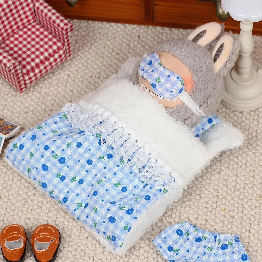 EZ Ropa Labubu For 15/17cm Labubu Doll Quilt and Pajama Set Three-piece Set Cosy Baby Bed Home Warmth Toy Girl Gift