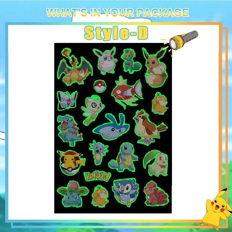 EZ Pokemon Luminous Tattoos for Kids Pikachu Styles Temporary Tattoos Stickers Boys Girls Glow Party Supplies Gifts for Children