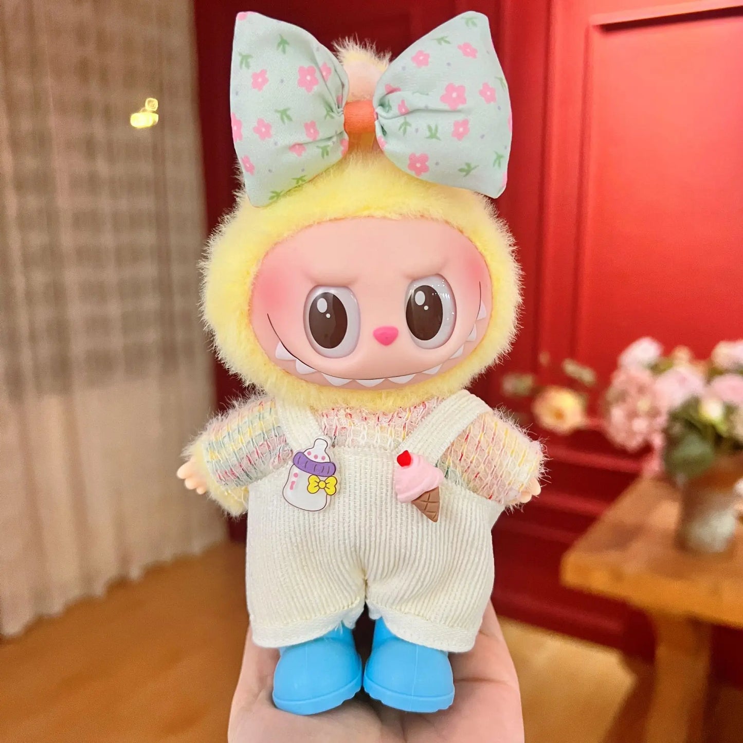 EZ 17cm Mickey Mini Costume Suitable Toy V3 for Labubu Clothes Korean Kpop Idol Pink Bright Silk Bow Princess Dress Birthday Gift