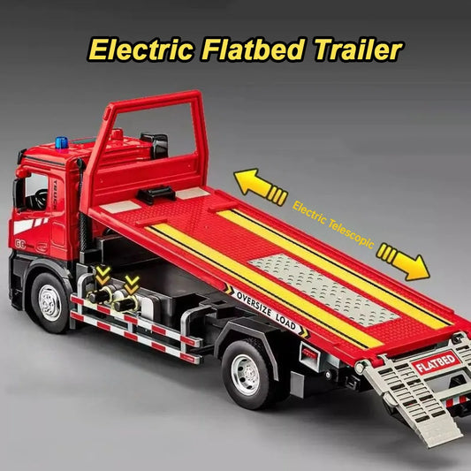 EZ 1:24 Electric Flatbed Trailer Cement Pump Truck Model Toys Diecast Alloy Car Doors Opened Sound Light Vehice Children's Boy Gift
