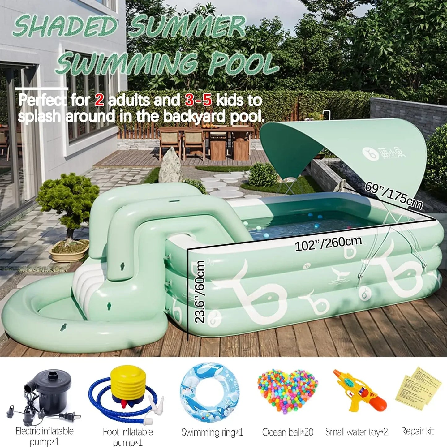 EZ Inflatable Pool with Canopy and Slide,Large Inflatable Swimming Pool for Persons,Family Pool for Backyard, Outdoor
