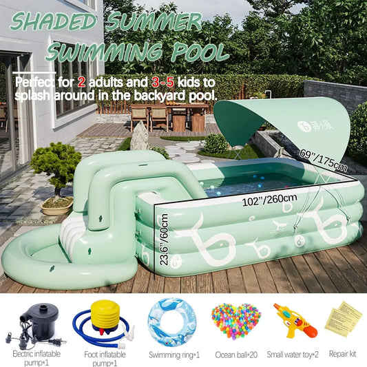 EZ Inflatable Pool with Canopy and Slide,Large Inflatable Swimming Pool for Persons,Family Pool for Backyard, Outdoor