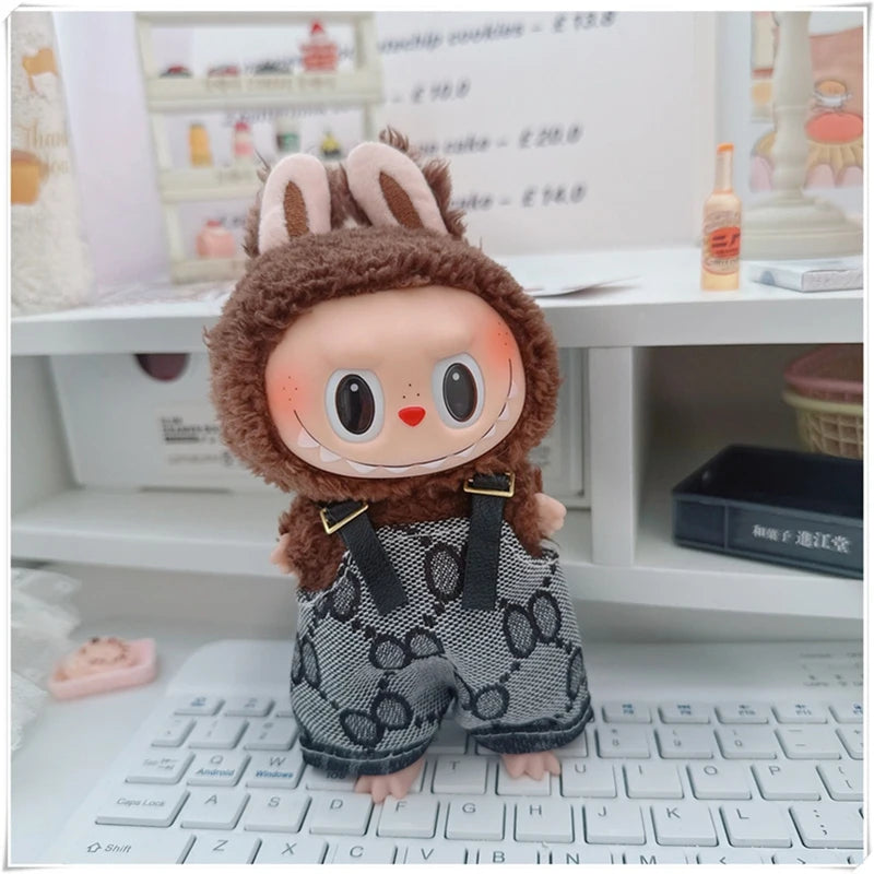 EZ For 17cm Labubu Mini Doll Clothes Outfit Four-leaf Flowers Hat Overalls Clothes Loafer Shoes Doll Accessories Sitting Party
