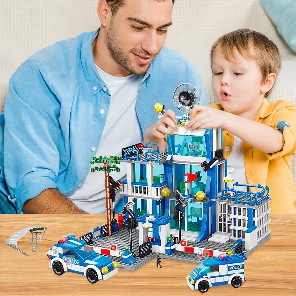 EZ City police station building block group boy DIY car brick police station model building children's educational toy gift