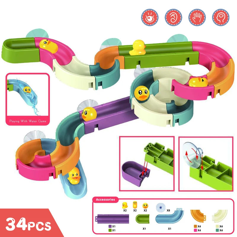 EZ Baby Bath Toys Wall Bathtub Toy Assembling Slide Wind-Up Duck Slide Bathroom Shower Tracks Water Toys for Toddlers Kids Gifts