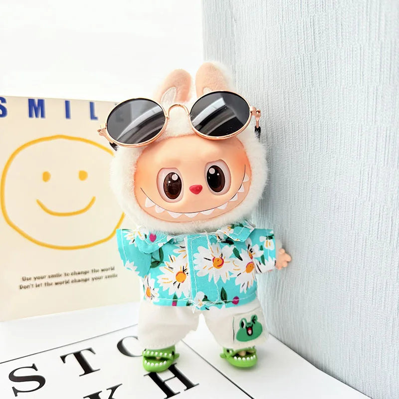 EZ 1 Set Hawaii Original Luxury Clothes for Labubu V1 V2 Cute Shark Duck Shoes Shirt Pants Glasses Beach Clothes Suit for Labubu
