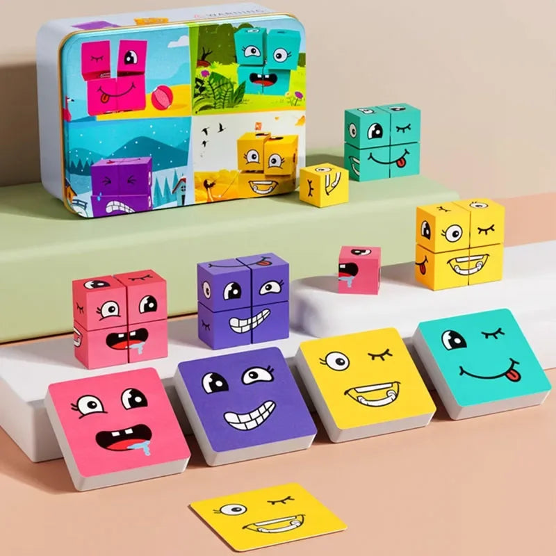 EZ Cube Face Changing Building Blocks Board Game Wood Puzzle Montessori Expression Wooden Blocos for Children Battle Table Game