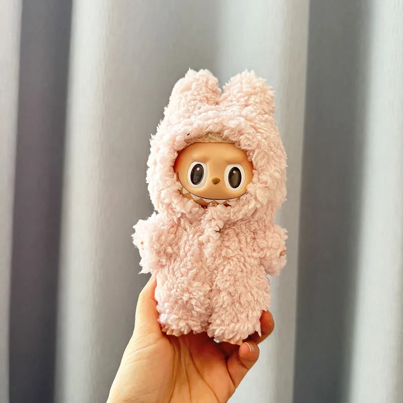 EZ For 17 cm  Labubu v1/v2 clothes pendant Labubu sitting party pink plush onesie for labubu cloth