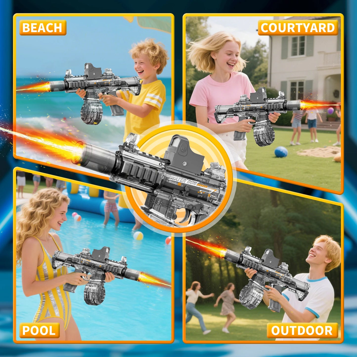 EZ New M416 Electric Water Gun With light Sprays Flame Effect Continuously High-pressure High-speed Powerful Outdoor Water Gun Toys