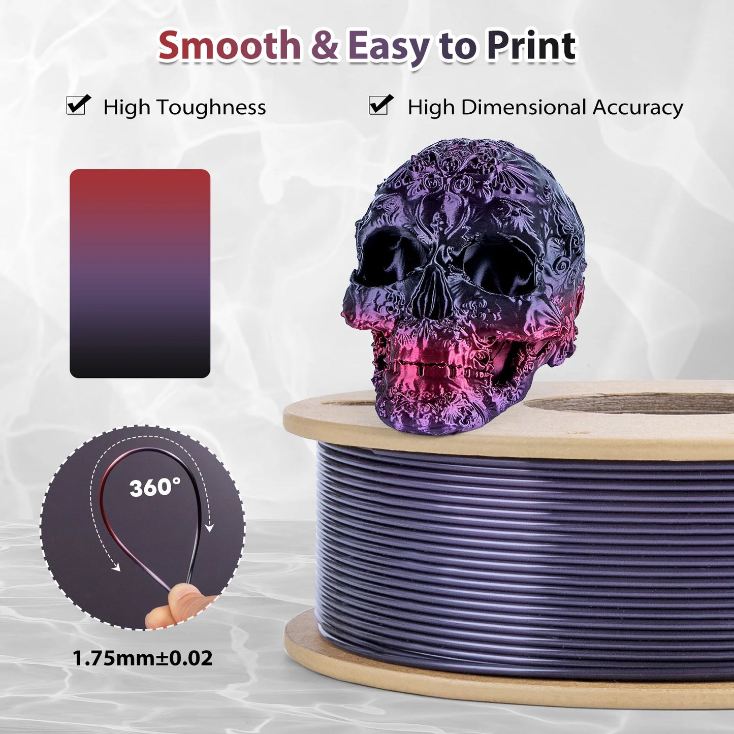 EZ 250g Silk Rainbow PLA Filament 1.75mm Shiny PLA Gradient Filament 3D Printer Filament Fit Most Printers Black Red Purple Change