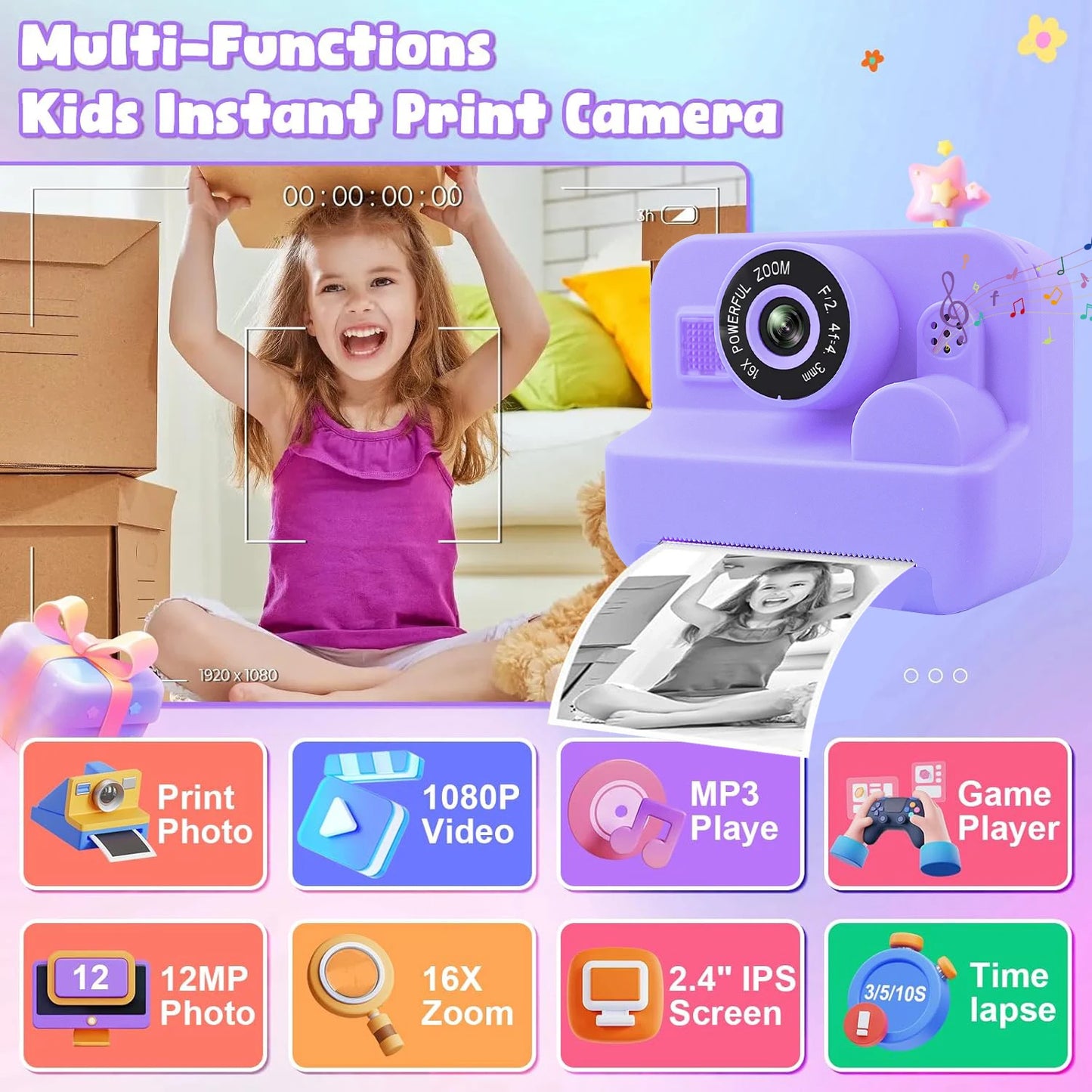 EZ Kids Camera Instant Print Toddler Cameras Thermal Printing Camera Birthday Gifts Toys For Boy Girl Age 3-12 With MP3 Video Game