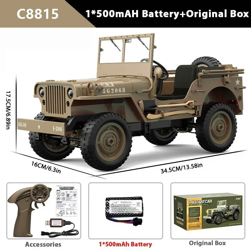 EZ C8815 1/10 WILLYS 2.4G Rc Car 1941 4WD RTR Crawler Climbing Scale Military Truck Offroad Vehicle Adult Toys Gift For Kids