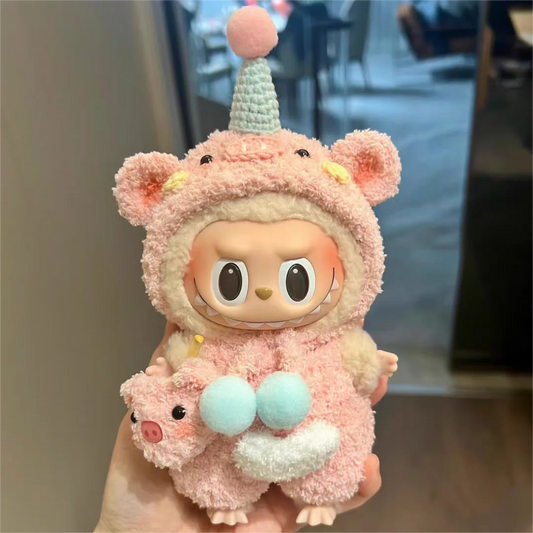 EZ Labubu Baby Clothes Plush Cartoon Pink Pig Set For 1st and 2nd Gen 17cm Labubu/Dora Vinyl Doll Outfit