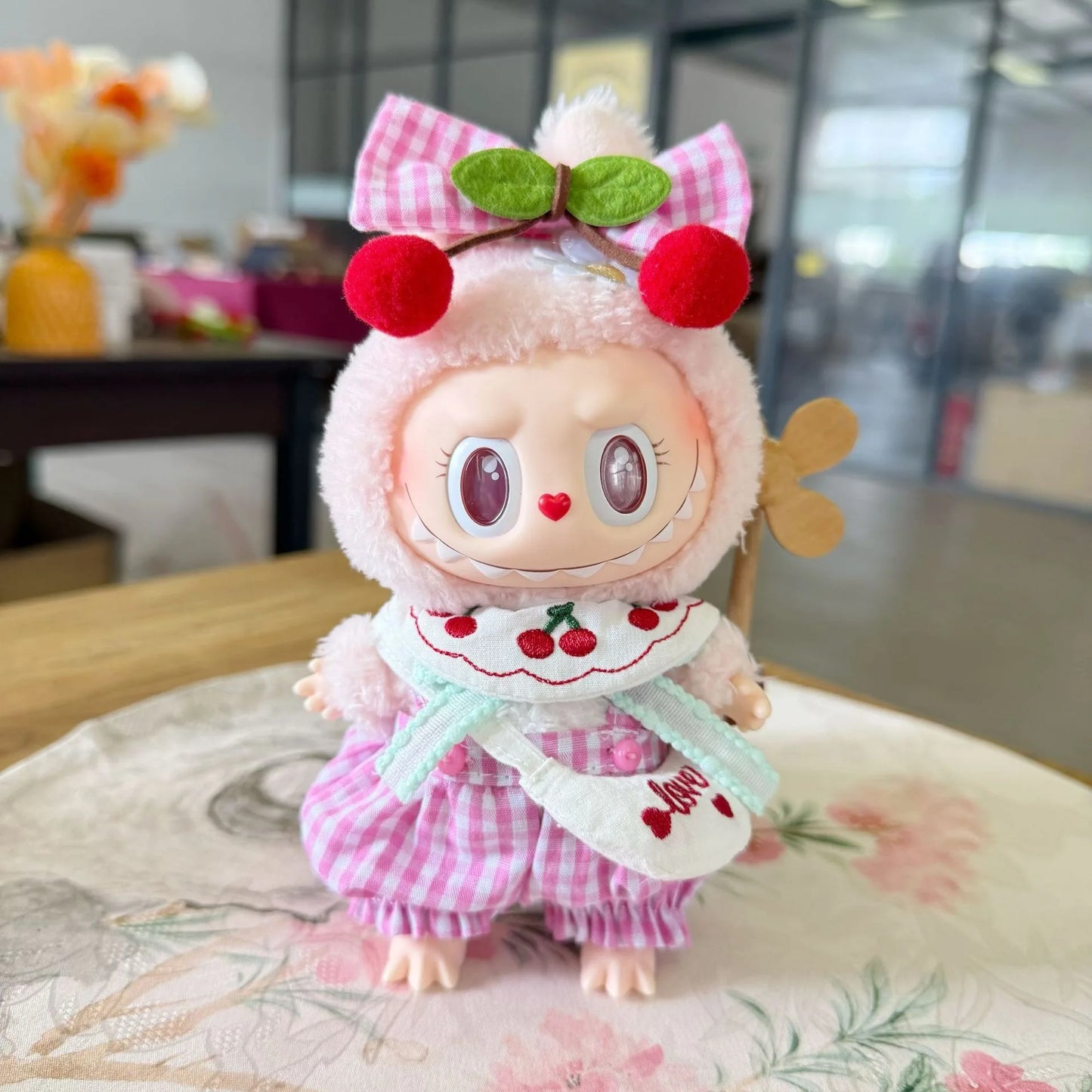 EZ Checkered Cherry Suit For 17cm Labubu 3.0 Big Into Energy Series Clothes Checked Jumpsuit Bow Tie Set Labubu Sweet Outfit